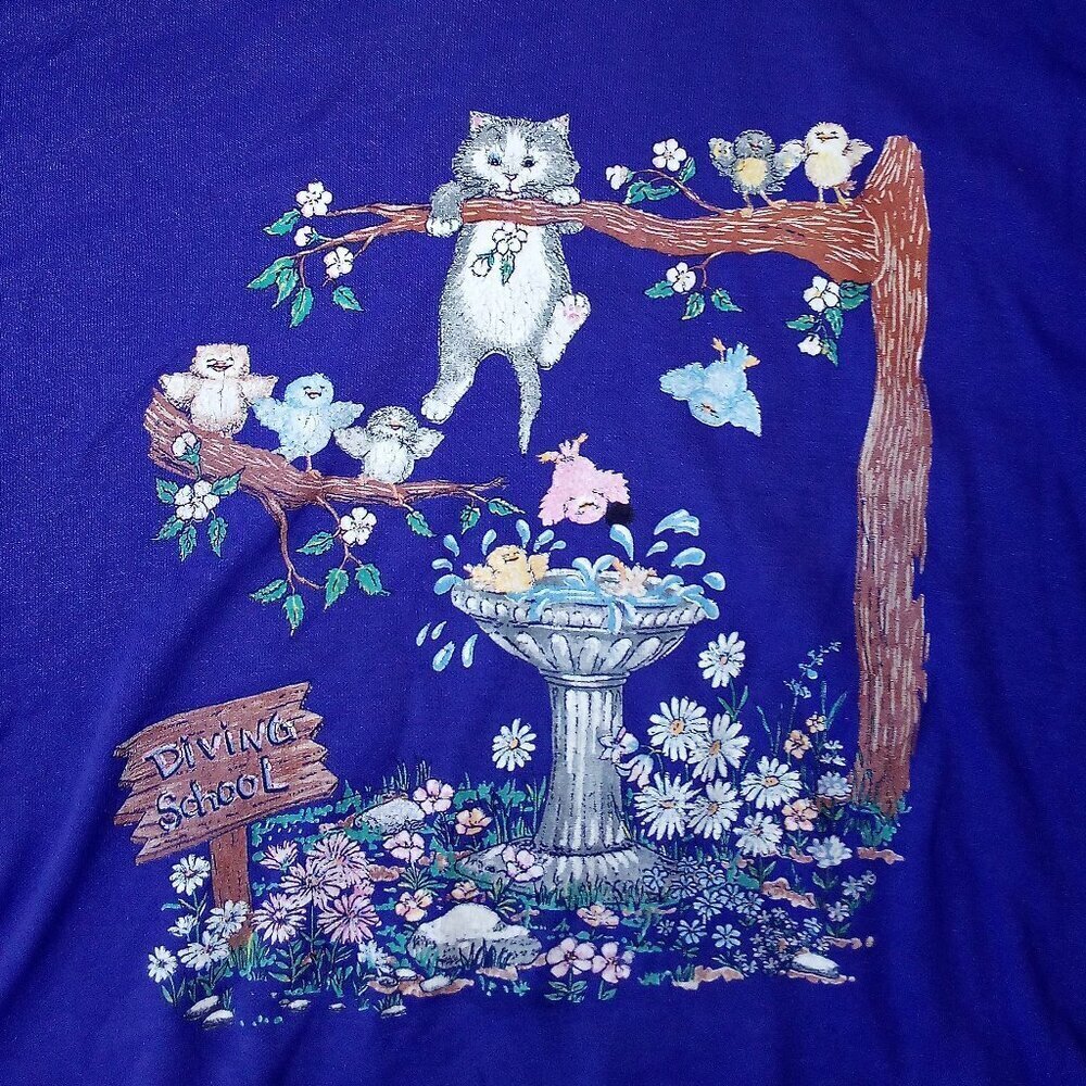 Vintage Diving School Cat & Bird Bath Illustration Collared Sweatshirt